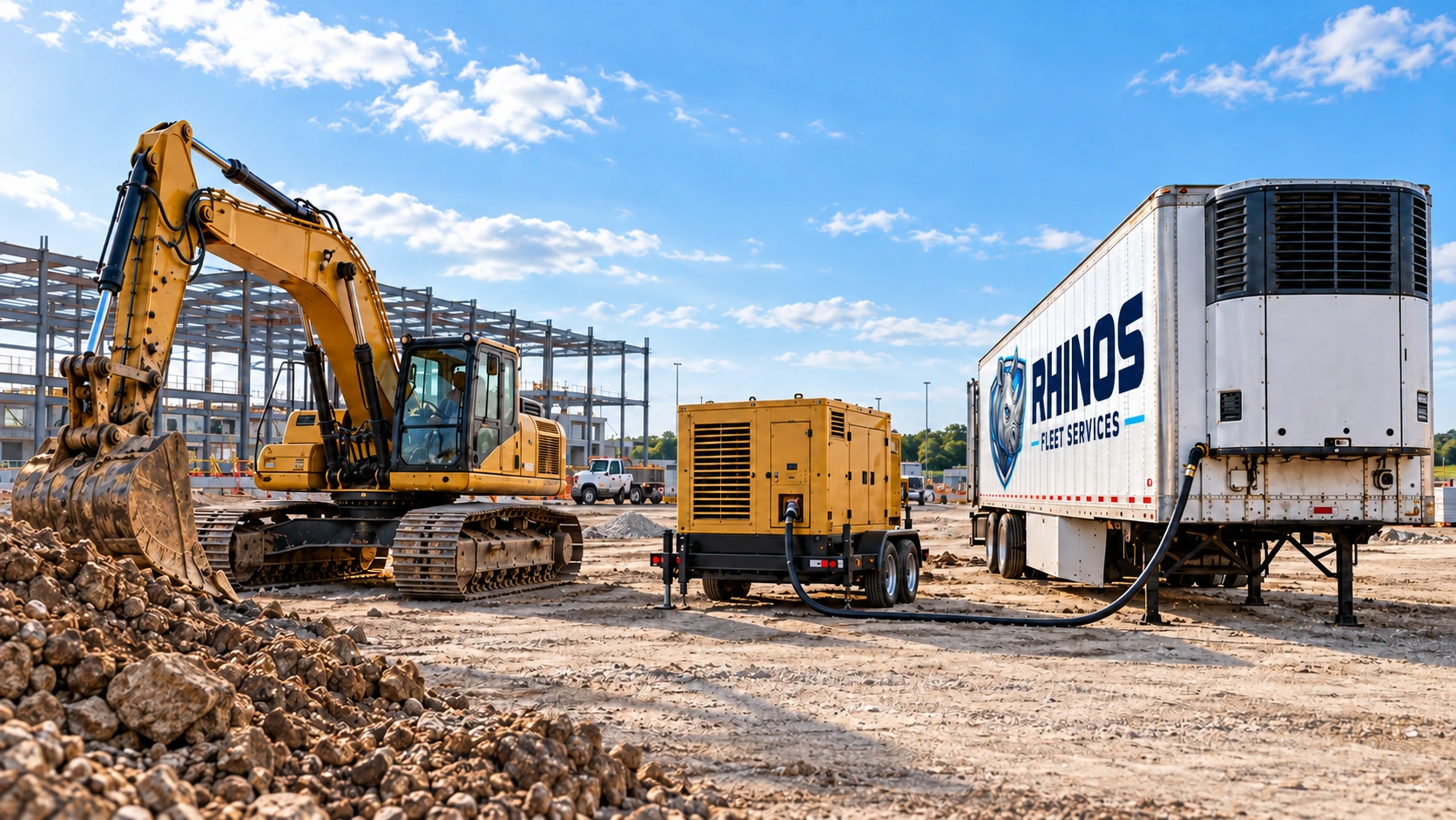 Excavator, generator and refrigerated trailer at a jobsite
