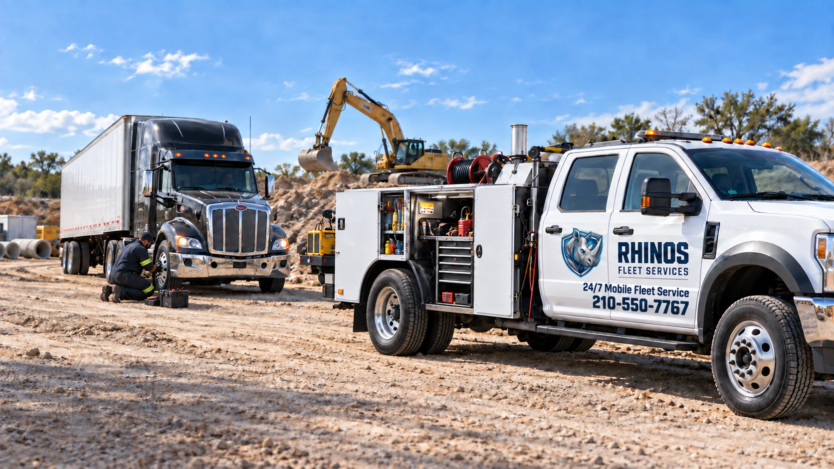 Rhinos service truck beside a semi truck at a construction site